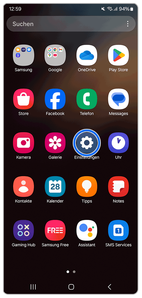 Galaxy Smartphone App-Bildschirm mit Markierung auf Einstellungen
