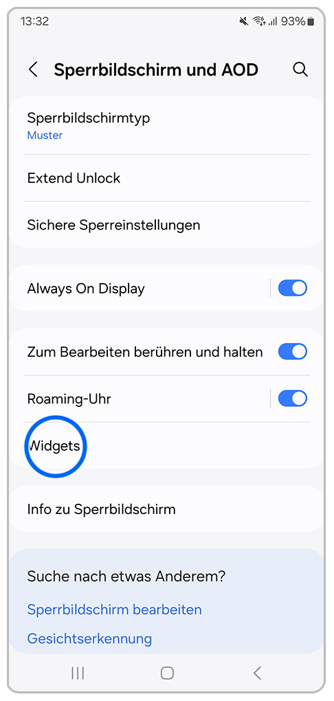 Galaxy Smartphone Sperrbildschirm und AOD mit Markierung auf Widgets
