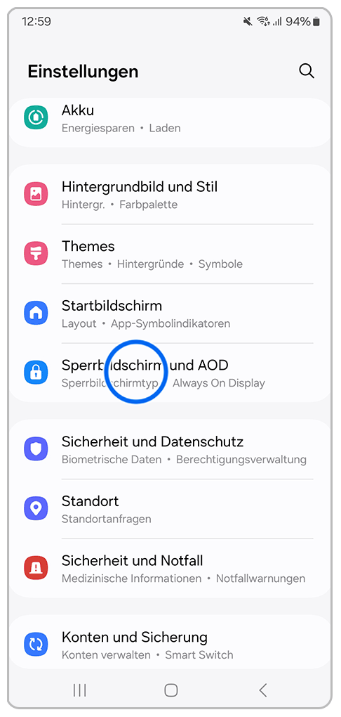Galaxy Smartphone Einstellungen mit Markierung auf Sperrbildschirm und AOD