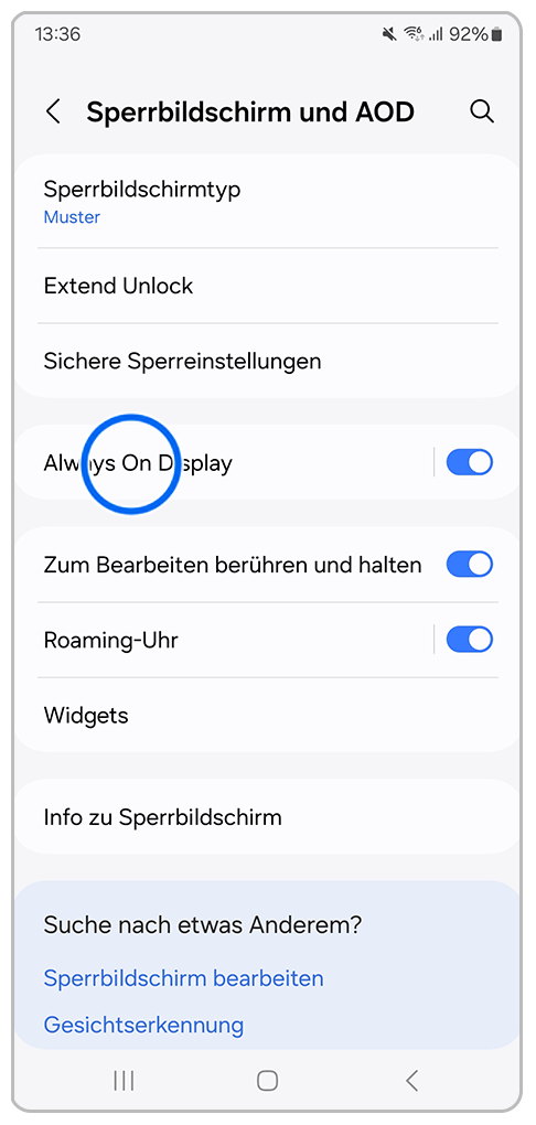 Galaxy Smartphone Sperrbildschirm und AOD mit Markierung auf Always On Display