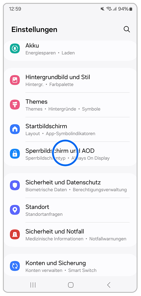 Galaxy Smartphone Einstellungen mit Markierung auf Sperrbildschirm und AOD