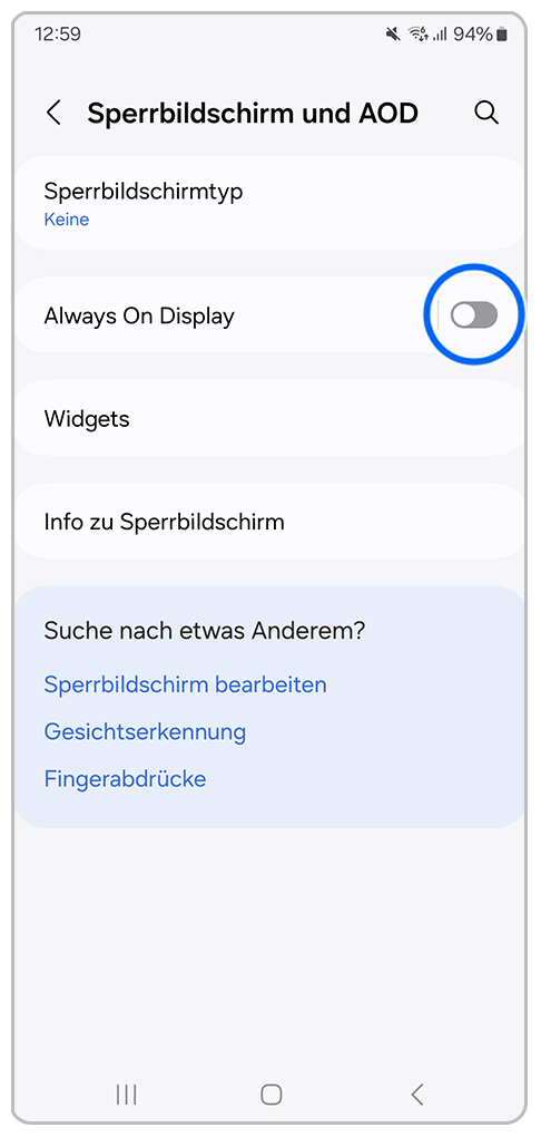 Galaxy Smartphone Sperrbildschirm und AOD mit Markierung auf Always On Display