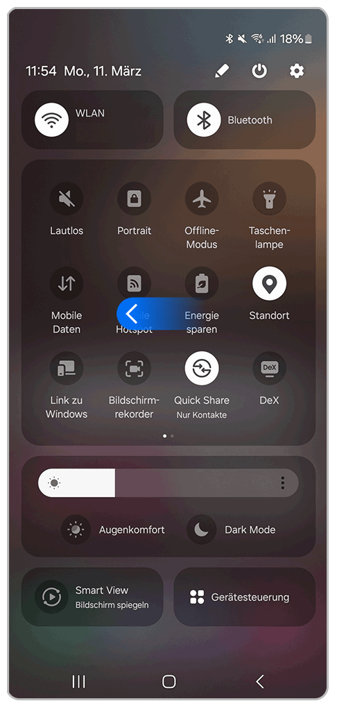 Galaxy Smartphone Schnell-Einstellungen mit Pfeil nach links