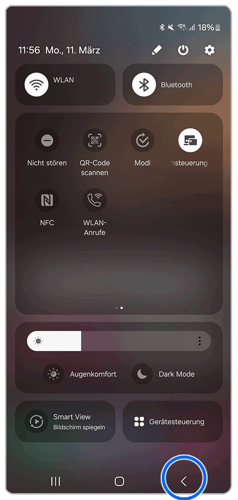 Galaxy Smartphone Schnell-Einstellungen mit Markierung auf Zurück-Taste