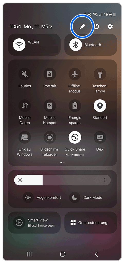 Galaxy Smartphone Schnelleinstellungen mit Markierung auf Stift-Symbol