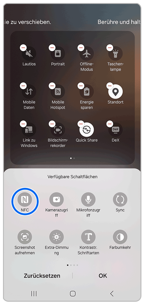 Galaxy Smartphone Schnelleinstellungen Bearbeiten mit Markierung auf NFC-Symbol