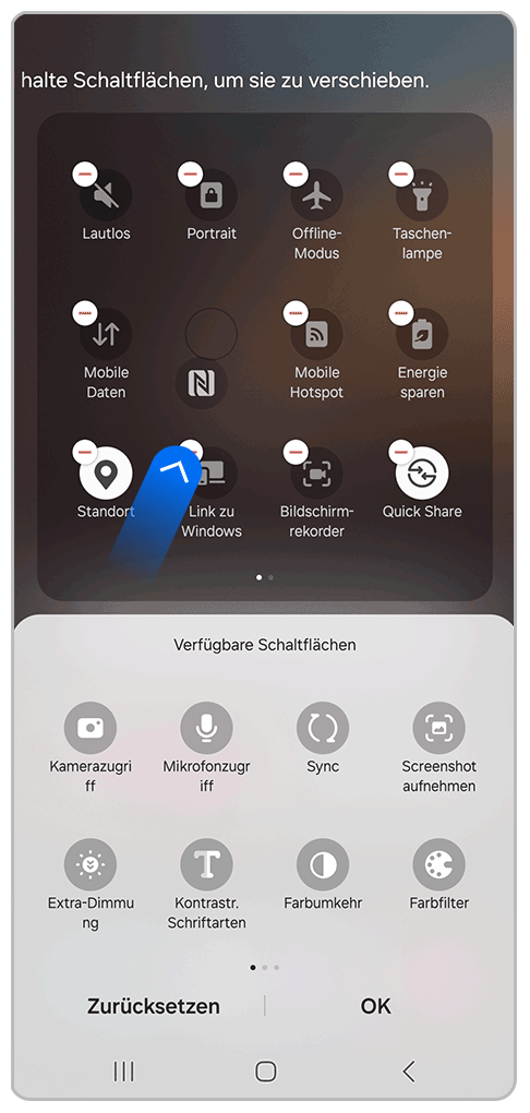 Galaxy Smartphone Schnelleinstellungen Bearbeiten mit Pfeil als Indikator für die Symbolrichtung