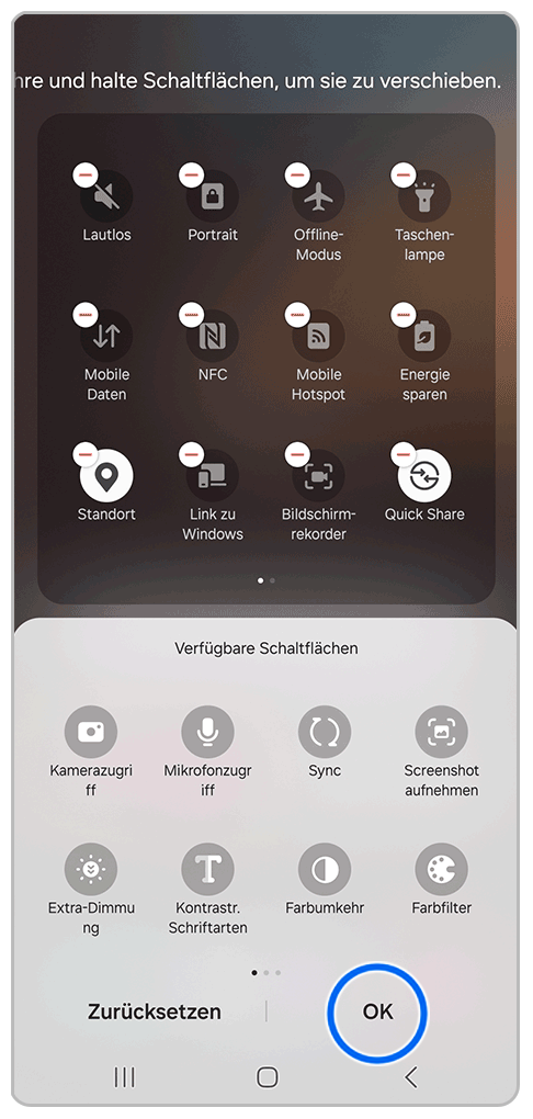 Galaxy Smartphone Schnelleinstellungen Bearbeiten mit Markierung auf OK