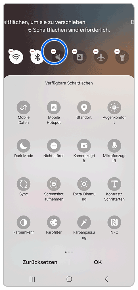 Galaxy Smartphone Schnelleinstellungen Bearbeiten mit Markierung auf Minus-Symbol