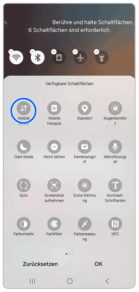 Galaxy Smartphone Schnelleinstellungen Bearbeiten mit Markierung auf Mobile Daten-Symbol
