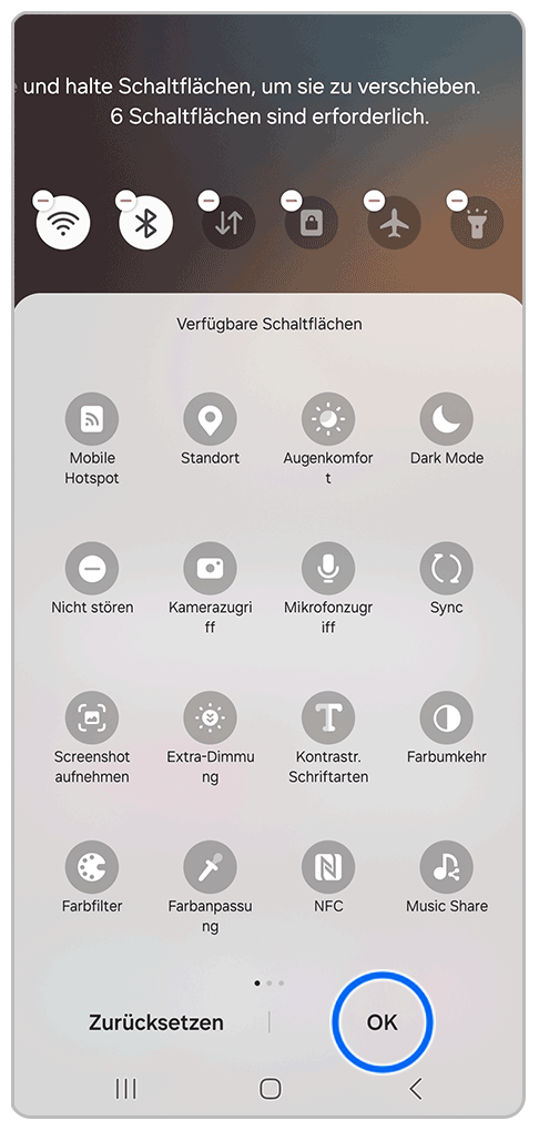Galaxy Smartphone Schnelleinstellungen Bearbeiten mit Markierung auf OK