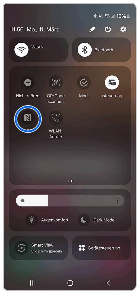 Galaxy Smartphone Schnell-Einstellungen mit Markierung auf deaktiviertem NFC-Symbol