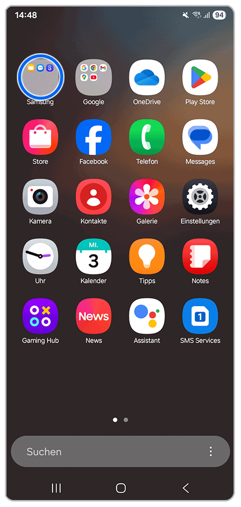 Galaxy Smartphone App-Bildschirm mit Markierung auf Samsung Ordner