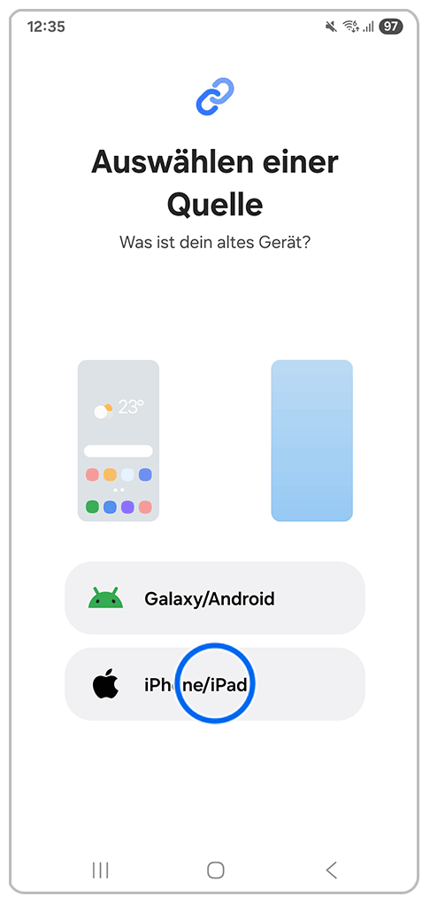 Galaxy Smartphone Smart Switch mit Markierung auf iPhone/iPad