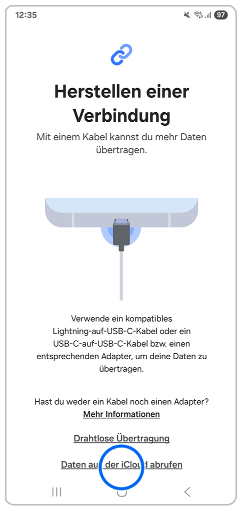 Galaxy Smartphone Smart Switch mit Markierung auf Daten aus der iCloud abrufen