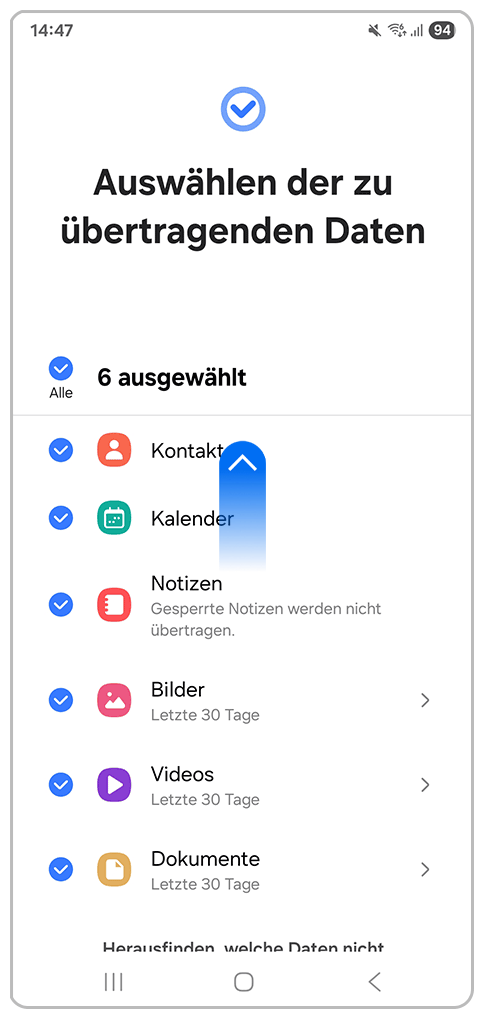 Galaxy Smartphone Smart Switch mit Pfeil nach oben
