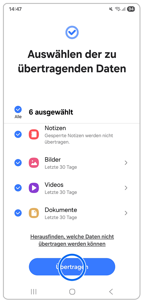Galaxy Smartphone Smart Switch mit Markierung auf Übertragen