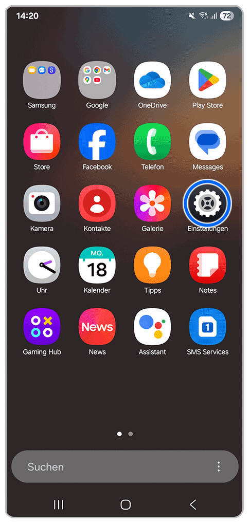 Galaxy Smartphone App-Bildschirm mit Markierung auf Einstellungen