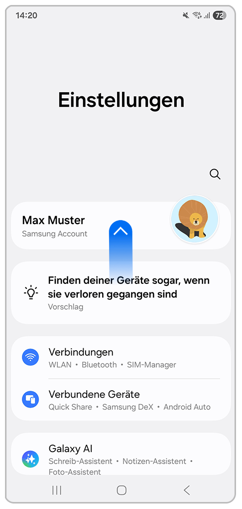 Galaxy Smartphone Einstellungen mit Pfeil nach oben