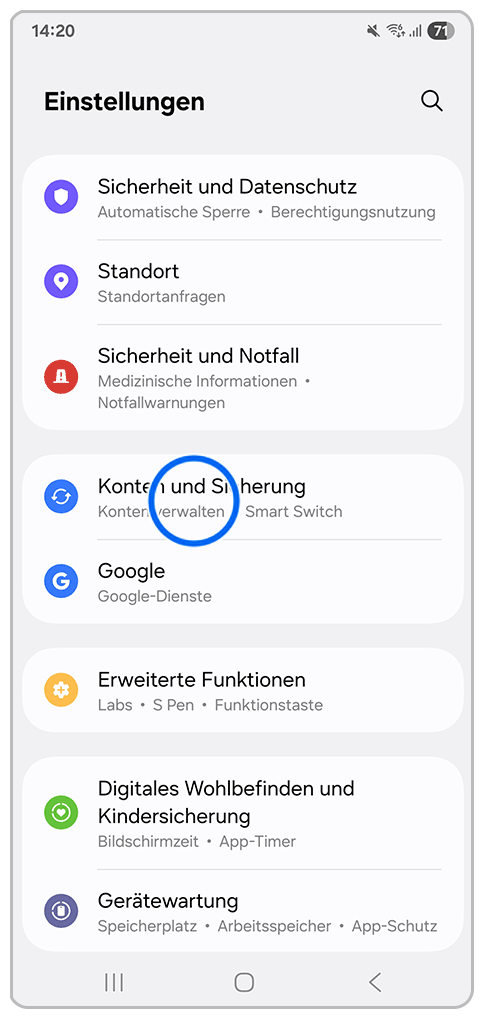 Galaxy Smartphone Einstellungen mit Markierung auf Konten und Sicherung