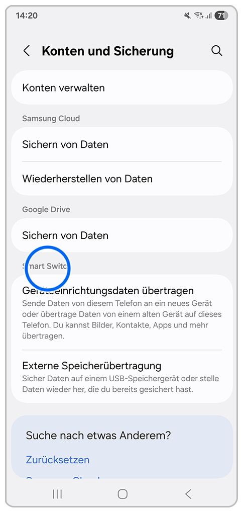 Galaxy Smartphone Konten und Einstellungen mit Markierung auf Smart Switch