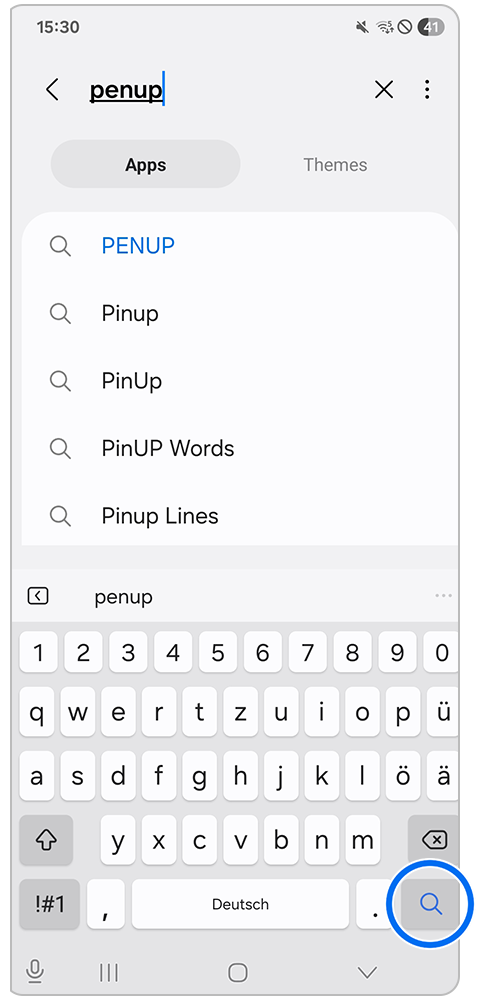 Galaxy A17 Galaxy Store Eingabefeld mit "penup" und mit Markierung auf Lupen-Symbol.