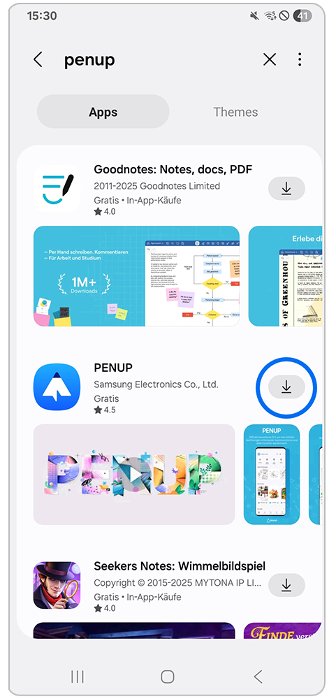 Galaxy A17 Galaxy Store penup App mit Markierung auf Download Symbol.