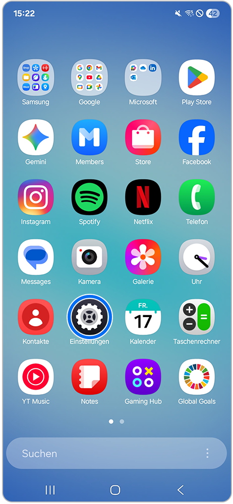 Galaxy A17 Startbildschirm mit Markierung auf Einstellungen.