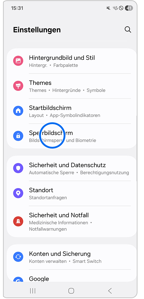 Galaxy A17 Einstellungen mit Markierung auf Sperrbildschirm.