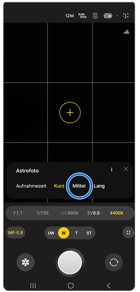 Galaxy Smartphone Expert RAW Astrofoto Aufnahmezeit Einstellungen mit Markierung auf Mittel