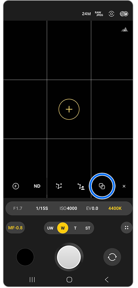 Galaxy Smartphone Expert RAW-App mit Markierung auf Mehrfachbeleuchtung Symbol