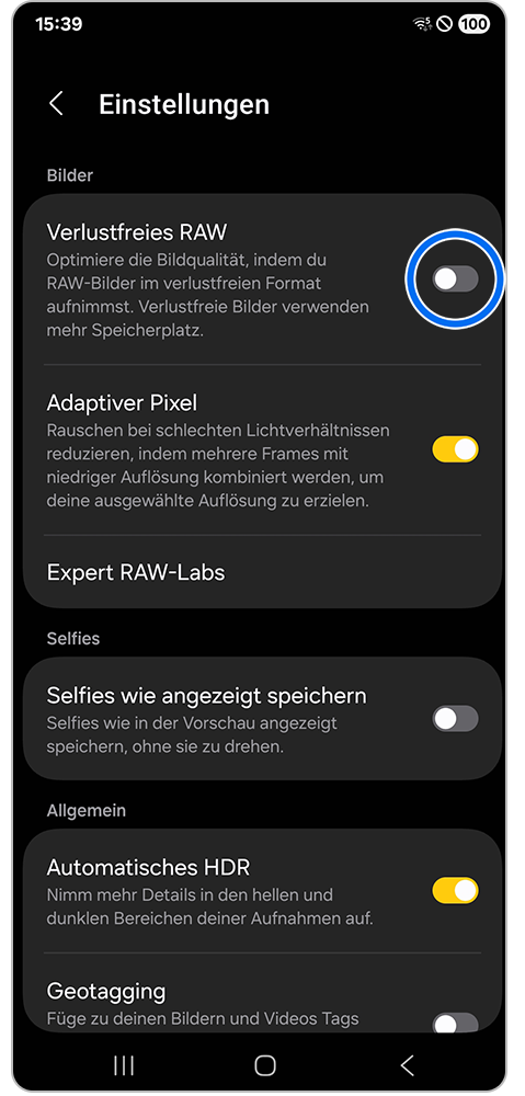 Expert RAW App Einstellungen mit Markierung auf Schalter neben Verlustfreies RAW