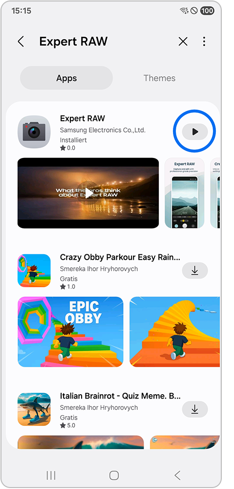 Galaxy Smartphone Galaxy Store Expert RAW Download abgeschlossen mit Markierung auf Start Symbol