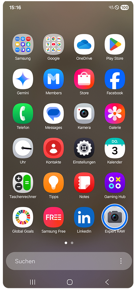 Galaxy Smartphone App Bildschirm mit Markierung auf Exper RAW App