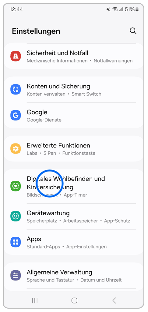 Galaxy Smartphone Einstellungen mit Markierung auf Digitales Wohlbefinden und Kindersicherung