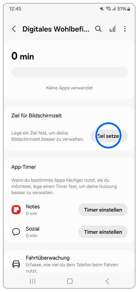 Galaxy Smartphone Digitales Wohlbefinden und Kindersicherung mit Markierung auf Ziel setzen