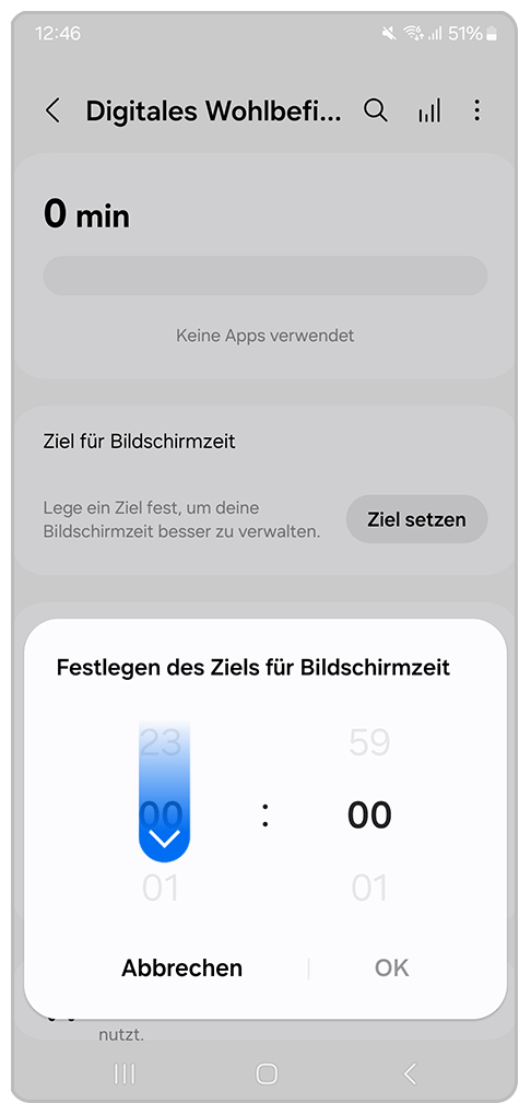 Galaxy Smartphone Digitales Wohlbefinden und Kindersicherung mit Markierung auf 00