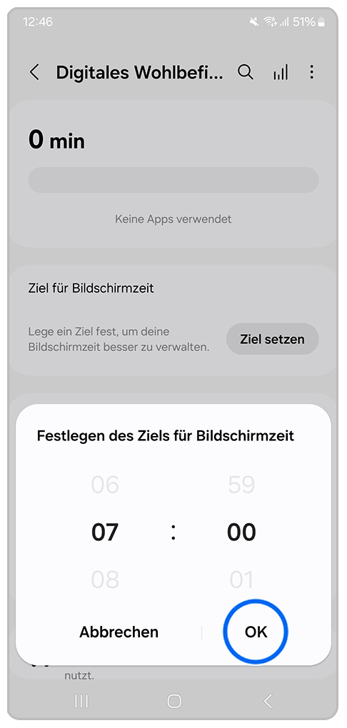 Galaxy Smartphone Digitales Wohlbefinden und Kindersicherung mit Markierung auf OK