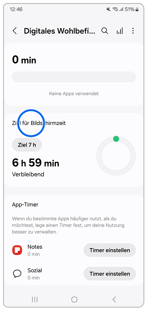 Galaxy Smartphone Einstellungen mit Markierung auf Digitales Wohlbefinden und Kindersicherung mit Markierung auf Zeit für Bildschirmzeit