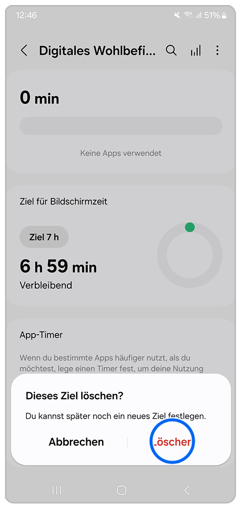 Galaxy Smartphone Digitales Wohlbefinden und Kindersicherung mit Markierung auf Löschen