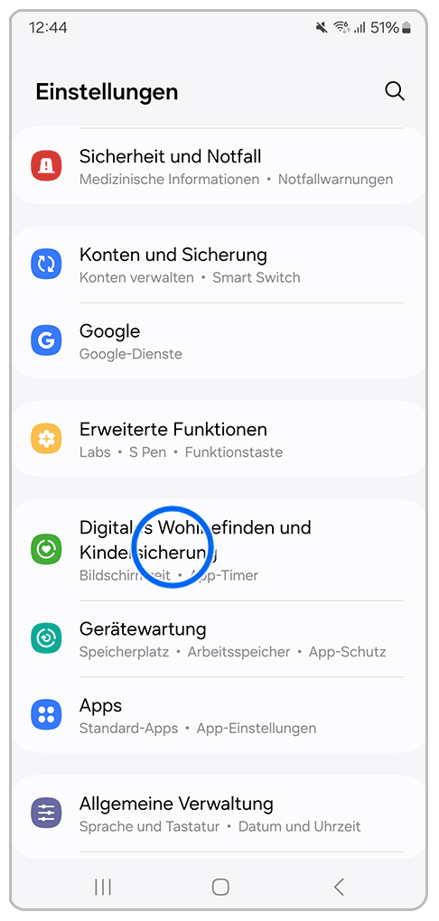 Galaxy Smartphone Einstellungen mit Markierung auf Digitales Wohlbefinden und Kindersicherung