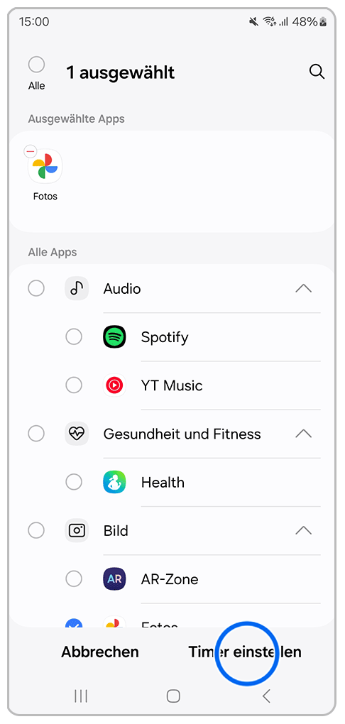 Galaxy Smartphone Digitales Wohlbefinden und Kindersicherung mit Markierung auf Timer einstellen