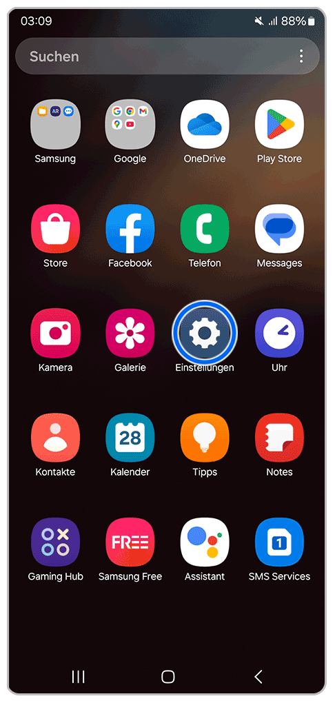 Galaxy Smartphone App Bildschirm mit Markierung auf Einstellungen
