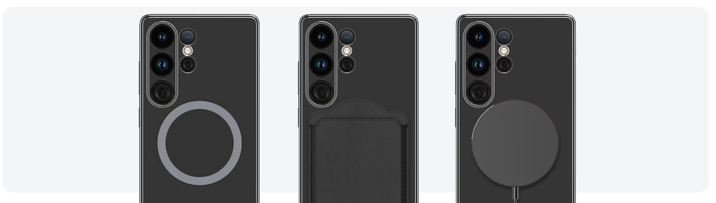 Drei magnetische Hüllen ohne Zubehör, mit Kartenhalter und Ladegerät