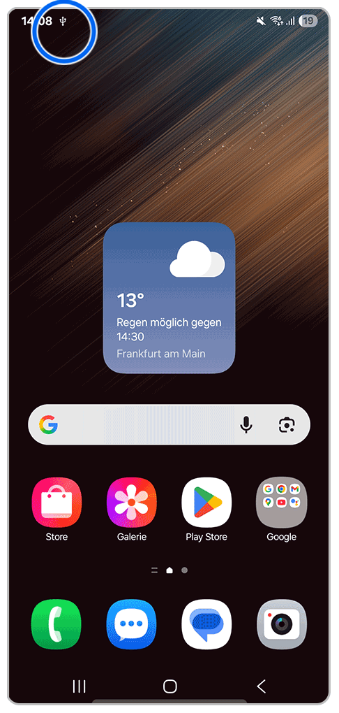 Galaxy Smartphone Startbildschirm mit Markierung auf USB-Symbol