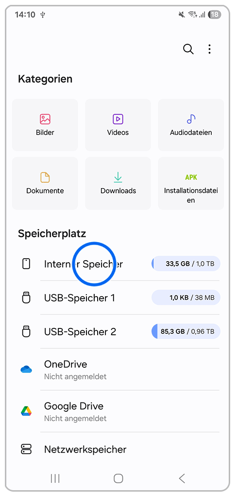 Galaxy Smartphone Eigene Dateien mit Markierung auf Interner Speicher