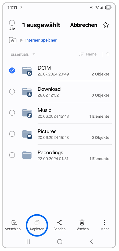 Galaxy Smartphone Eigene Dateien mit Markierung auf Kopieren