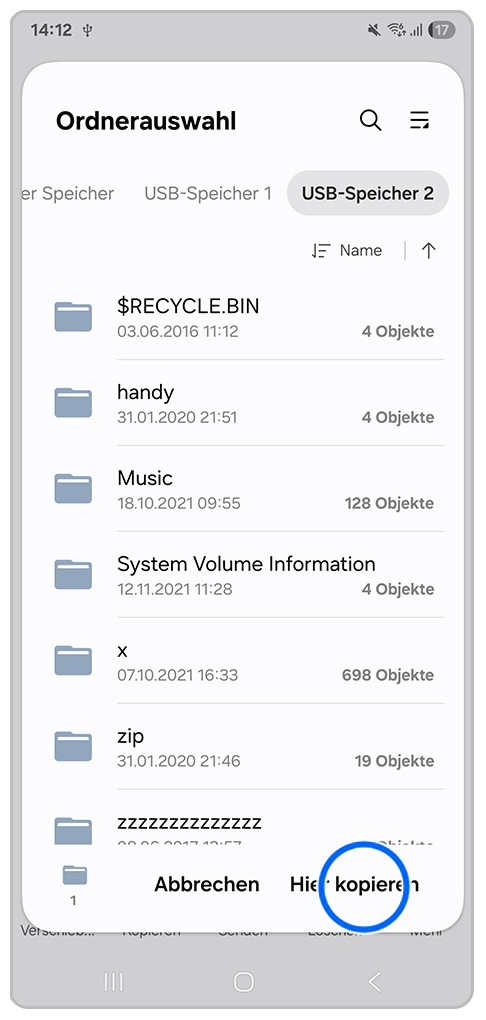 Galaxy Smartphone Eigene Dateien mit Markierung auf Hier kopieren