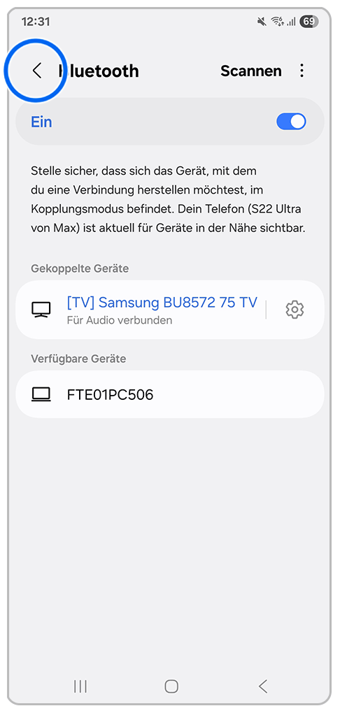 Galaxy Smartphone Vertrauenswürdige Geräte mit Markierung auf Zurück-Taste