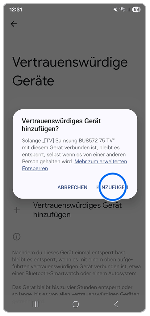 Galaxy Smartphone Vertrauenwürdige Geräte mit Markierung auf Hinzufügen